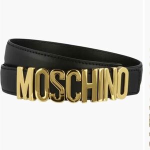 Moschino Black Leather Belt with Gold Logo